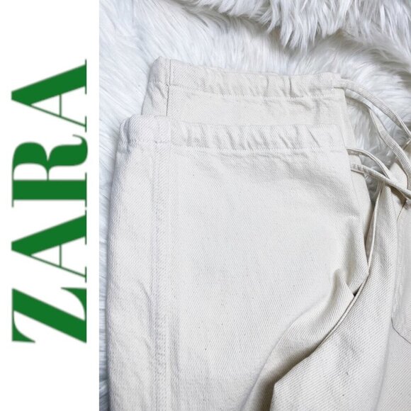 ZARA Ivory Cream 100% Cotton Wide Leg High Rise Drawstring Cuff Jeans, Size Smal - Picture 8 of 12
